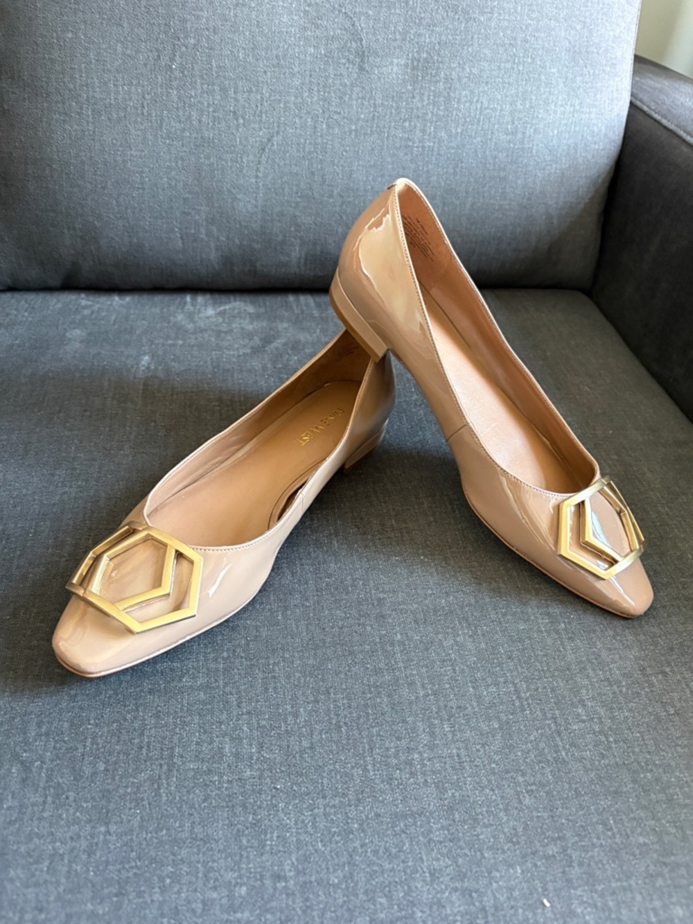 Nine West Beige Patent Leather Low Heel Flats with Gold Geometric Accent - Picture 3 of 8
